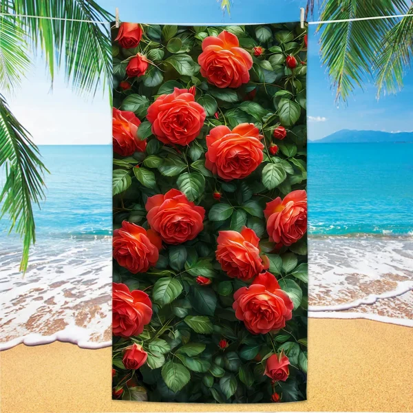 Rose Pattern Beach Towel, Digital Printing Thin Quick-Dry Anti-Sand Microfiber Lightweight for Swim, Yoga, Travel, Gym, Gift 2