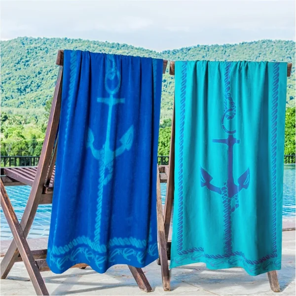 Coastal-Inspired Anchor-Print Beach Towels: Blue and Turquoise for Summer Fun Suitable for towels, bath towels, beach towels 1