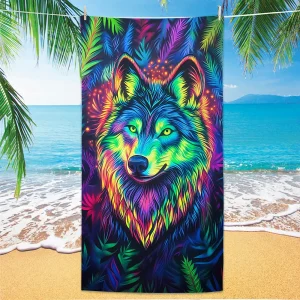 Wolf Pattern Beach Towel, Digital Printing Thin Quick-Dry Anti-Sand Microfiber Lightweight for Swim Yoga Travel Gym Gift 1