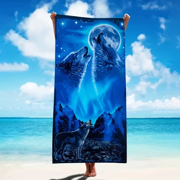 Oversized Quick Dry Microfiber Beach Towel with Wolf Pattern - Super Absorbent and Lightweight 1