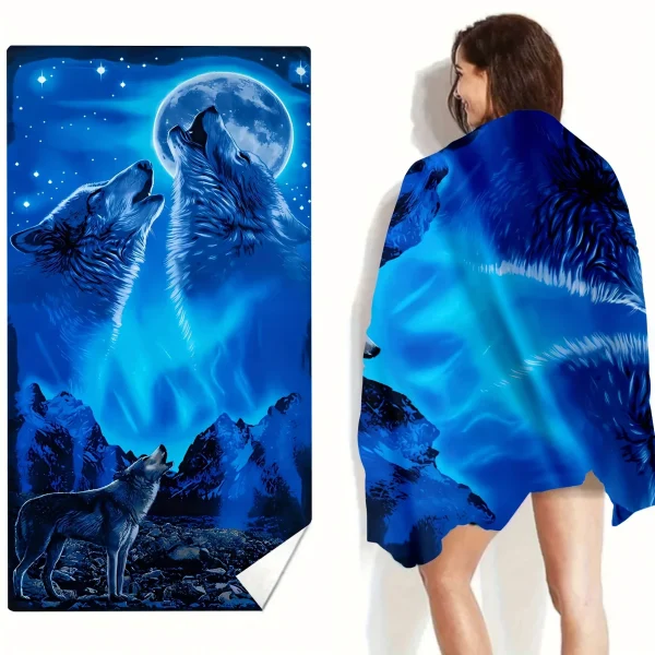Oversized Quick Dry Microfiber Beach Towel with Wolf Pattern - Super Absorbent and Lightweight 2