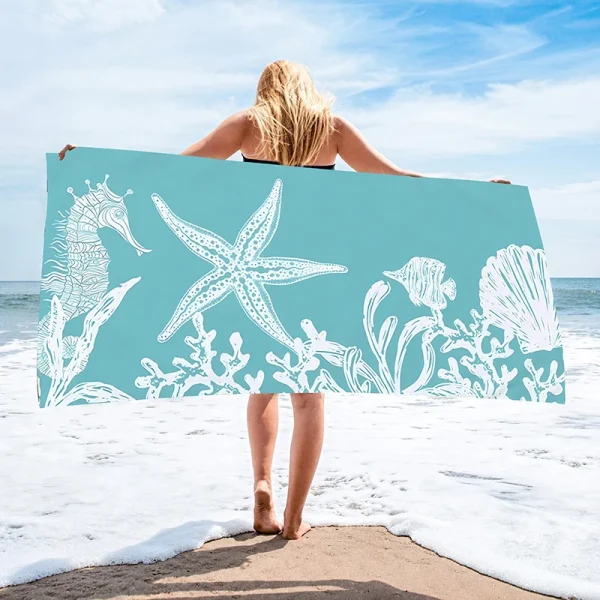 1pc 59in/150cm Blue Starfish Water Ripple Summer Seaside Seaweed Bath Towl Sandproof Beach Towel - Quick-drying Lattice 5