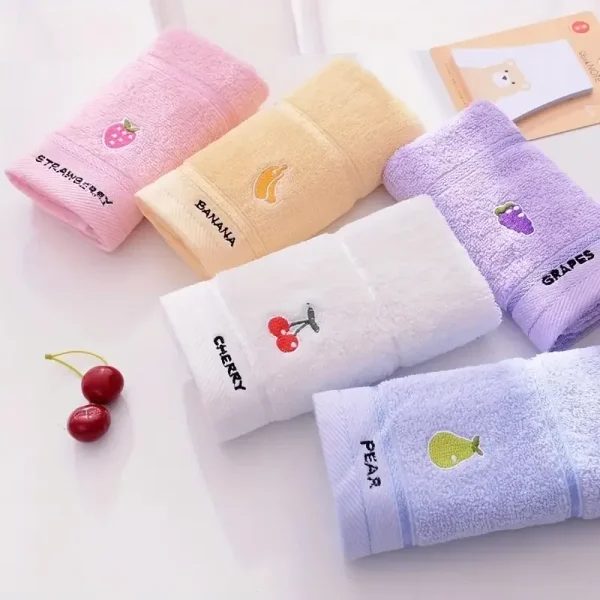 Set of 5 Soft Cotton Embroidered Fruit Themed Hand Towels - Ultra soft, absorbent and quick drying face towel with design 1