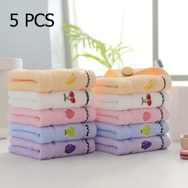 Set of 5 Soft Cotton Embroidered Fruit Themed Hand Towels - Ultra soft, absorbent and quick drying face towel with design 2