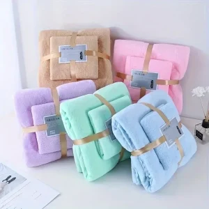 ‌2-Piece Bath Towel Set Super Soft Highly Absorbent Quick-Dry Coral Fleece Towels for Adults Spa Hotel Use Colorful Solid-color 1
