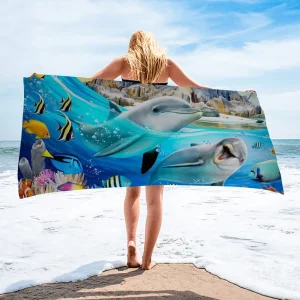 Cute Dolphin Printed Beach Towel for Adults Kids Soft Water Absorbing Breathable Bath Towel for Summer Surf Travel Towel Blanket 1