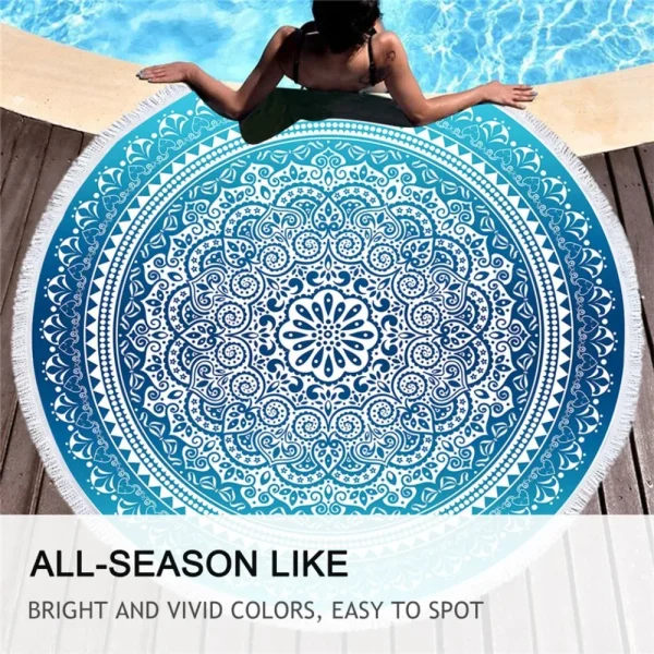 BeddingOutlet Bohemian Round Beach Towel Sky Blue Tassel Mandala Tapestry Yoga Mat Floral Toalla Sunblock Boho Blanket 150cm 2