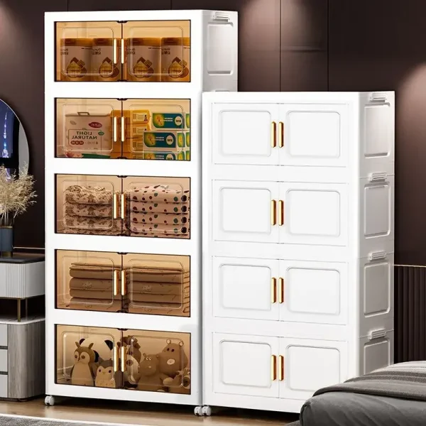 Large Capacity Fold Storage Box Plastic Storage Bin with Lid Stackable Storage Box with Wheels Sundries Storage With Double Door 2