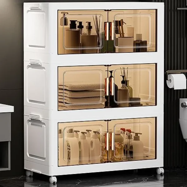 Large Capacity Fold Storage Box Plastic Storage Bin with Lid Stackable Storage Box with Wheels Sundries Storage With Double Door 3