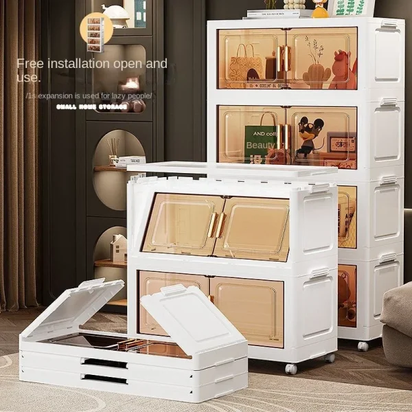 Large Capacity Fold Storage Box Plastic Storage Bin with Lid Stackable Storage Box with Wheels Sundries Storage With Double Door 4