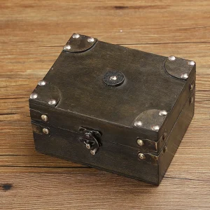 Vintage wooden storage box, exquisite organizing box for desktop, ID cards and jewelry, wooden box, pirate treasure chest 1