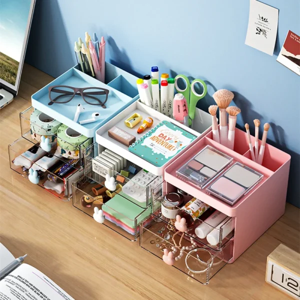 1PC 2-layer Cartoon Creative Pen Holder Transparent Drawer Rabbit Storage Box Children's Girls Student Office Desktop 2