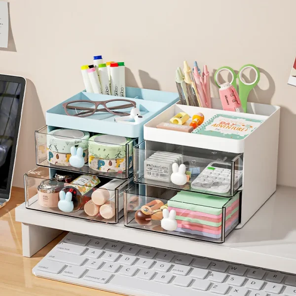 1PC 2-layer Cartoon Creative Pen Holder Transparent Drawer Rabbit Storage Box Children's Girls Student Office Desktop 3