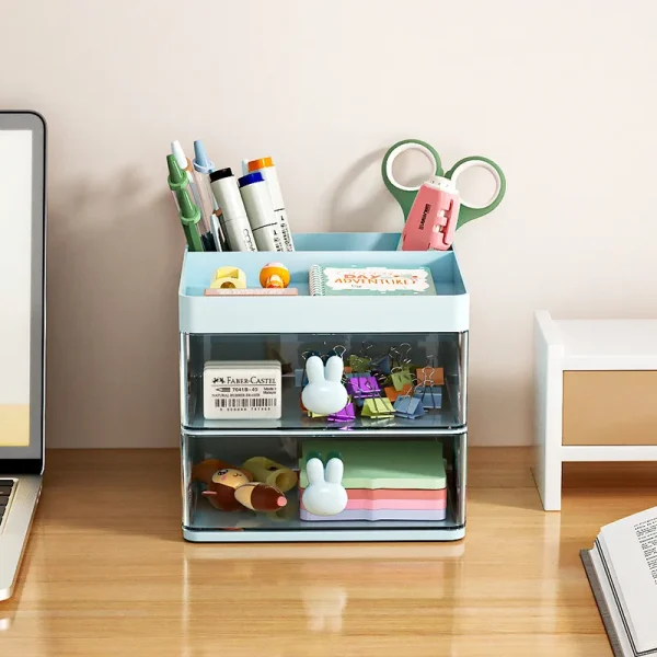 1PC 2-layer Cartoon Creative Pen Holder Transparent Drawer Rabbit Storage Box Children's Girls Student Office Desktop 5