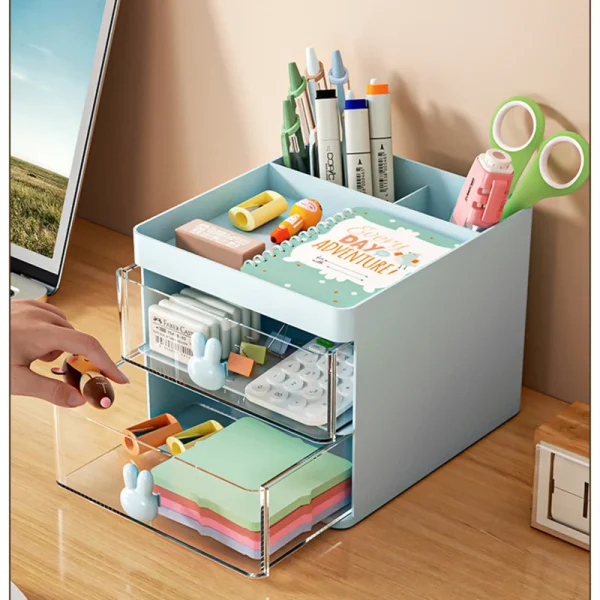 1PC 2-layer Cartoon Creative Pen Holder Transparent Drawer Rabbit Storage Box Children's Girls Student Office Desktop 6