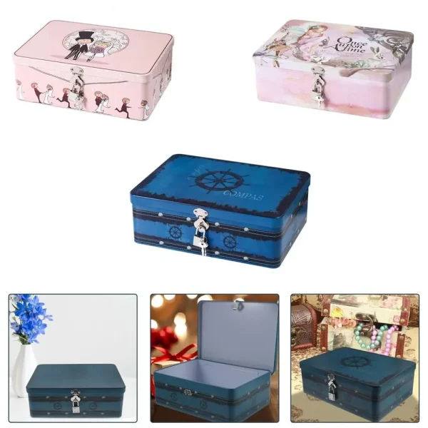Large Capacity Tinplate Box with Lock Key Desktop Storage Case Metal Box Jewelry Storage Empty Box Sundries Storage Container 2