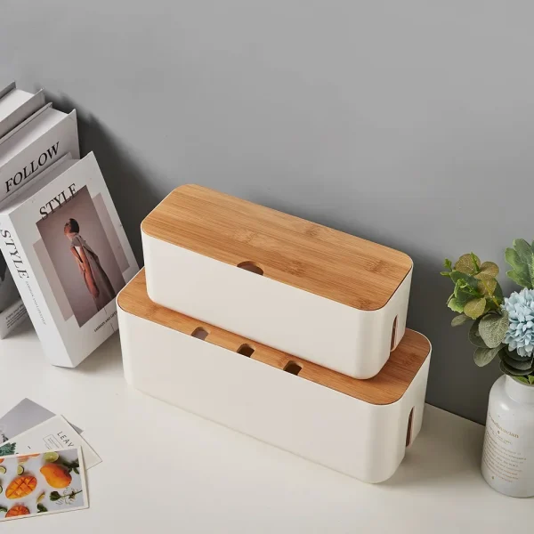 Cable Management Box Bamboo Cover Wire Junction Board Storage Box Hide Wires Power Strips Desk Computer Cable Organizer Box 1