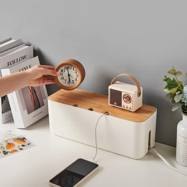Cable Management Box Bamboo Cover Wire Junction Board Storage Box Hide Wires Power Strips Desk Computer Cable Organizer Box 3