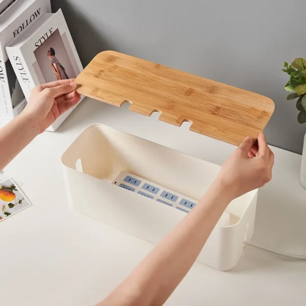 Cable Management Box Bamboo Cover Wire Junction Board Storage Box Hide Wires Power Strips Desk Computer Cable Organizer Box 4