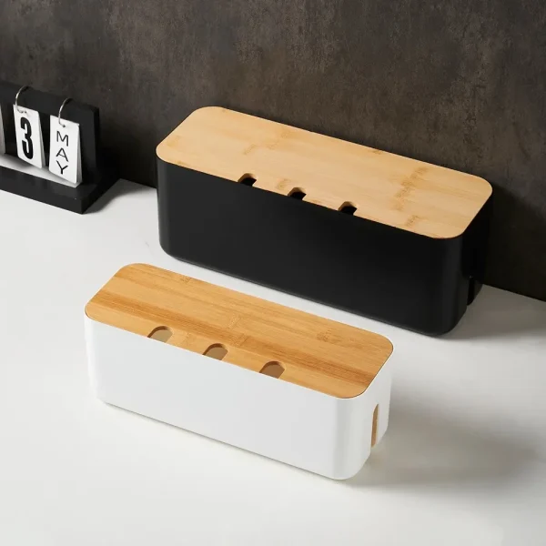 Cable Management Box Bamboo Cover Wire Junction Board Storage Box Hide Wires Power Strips Desk Computer Cable Organizer Box 5