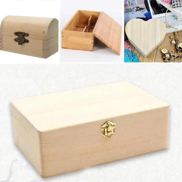 1PC Plain Wooden Storage Boxes Square Hinged Craft Gift Sundries Office Supplies Home Organization Storage Box Craft 2