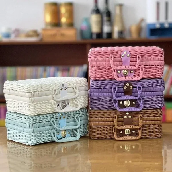 Rattan-like Finishing Box Woven Rattan Basket Retro Storage Box Decorative Props Suitcase with Hand Gift Box 1