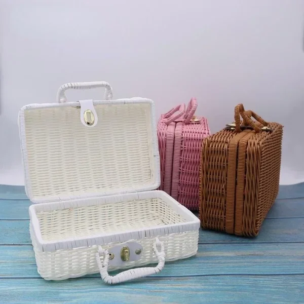 Rattan-like Finishing Box Woven Rattan Basket Retro Storage Box Decorative Props Suitcase with Hand Gift Box 2