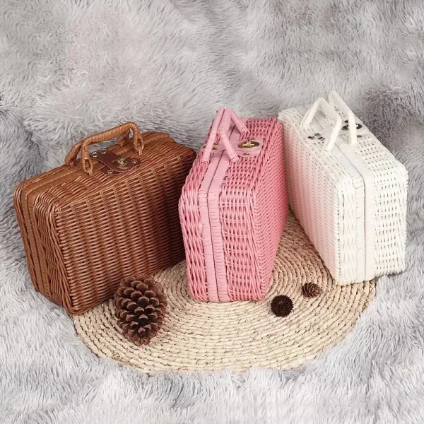 Rattan-like Finishing Box Woven Rattan Basket Retro Storage Box Decorative Props Suitcase with Hand Gift Box 3