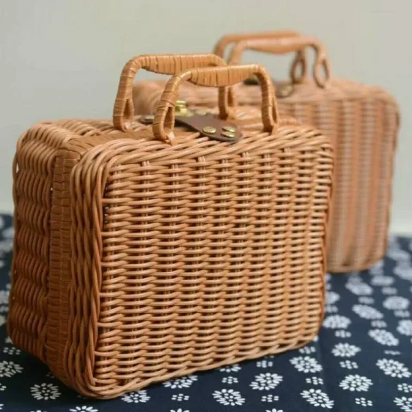 Rattan-like Finishing Box Woven Rattan Basket Retro Storage Box Decorative Props Suitcase with Hand Gift Box 4