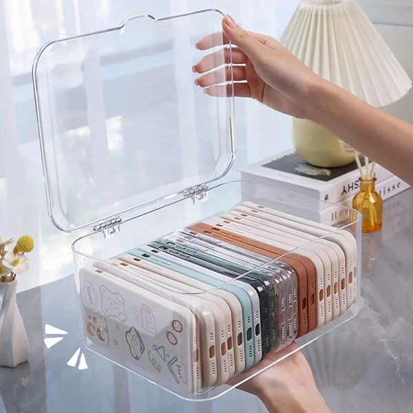 Acrylic Sundries Storage Basket Phone Case Holder Ins Transparent Phone Case Organizer Storage Box with Cover Home Desktop 3