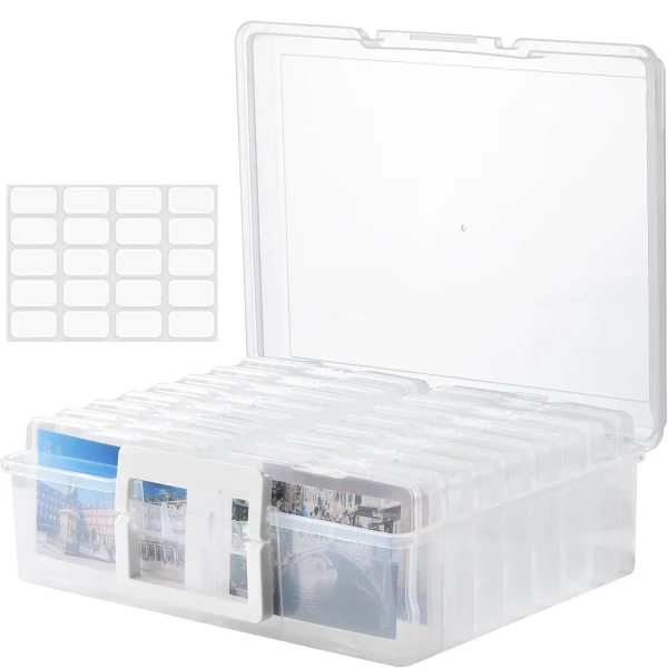 Photo Storage Box with Handle, Photo Organizer Storage Container with 16 Inner Case and 1 Sheet Label for Pictures, Arts 1