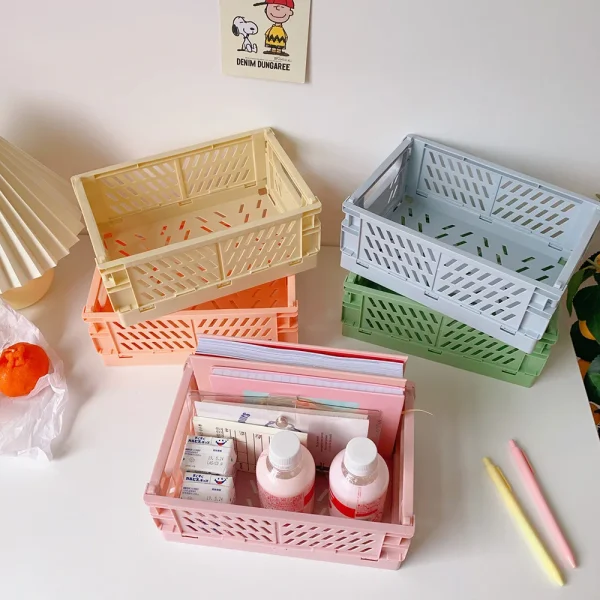 Collapsible Crate Plastic Folding Storage Box Basket Utility Cosmetic Container Desktop Holder Home Use School Desk Storage Box 3