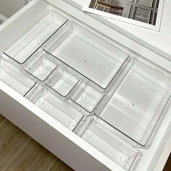 7 件套 Desk Drawer Organizers Set Plastic Bathroom Storage Makeup Organizer Clear Transparent Storage Box Drawer Organizer 1