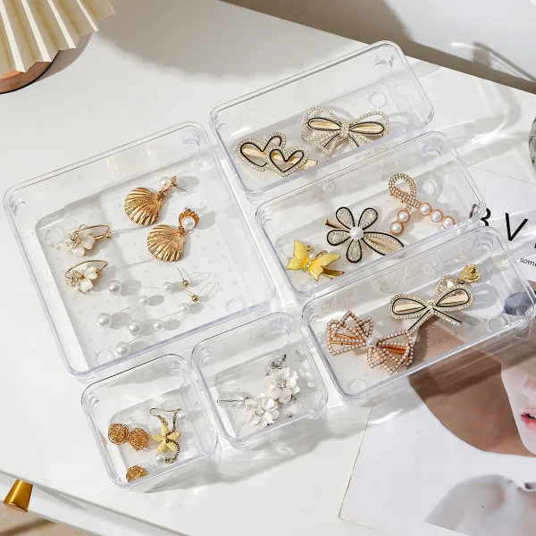 7 件套 Desk Drawer Organizers Set Plastic Bathroom Storage Makeup Organizer Clear Transparent Storage Box Drawer Organizer 3