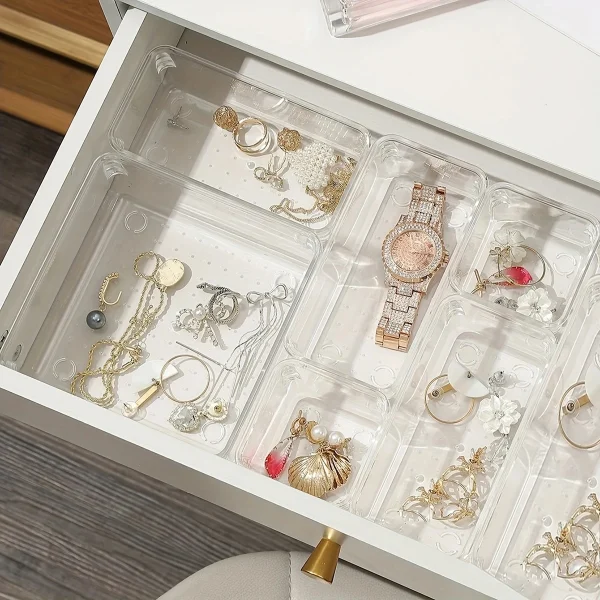 7 件套 Desk Drawer Organizers Set Plastic Bathroom Storage Makeup Organizer Clear Transparent Storage Box Drawer Organizer 6