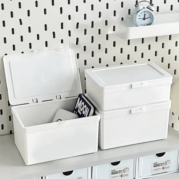White Storage Box Stackable Sundries Storage Organizer With Cover Dustproof Stationery Storage Case Home Organization Holder 4