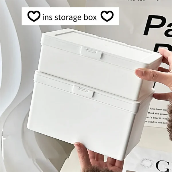 White Storage Box Stackable Sundries Storage Organizer With Cover Dustproof Stationery Storage Case Home Organization Holder 5