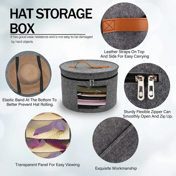 Hat Storage Box Dustproof Case Household Round Felt Storage Hats Bucket Clothes Organizers With Zippered Lid Travel Bags 3