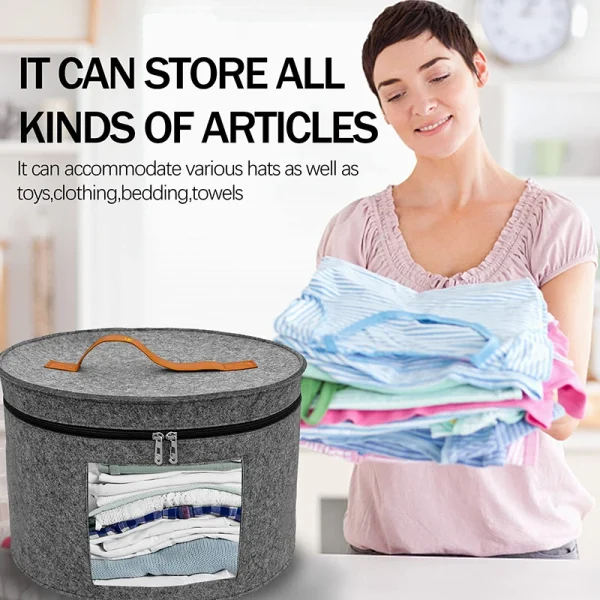 Hat Storage Box Dustproof Case Household Round Felt Storage Hats Bucket Clothes Organizers With Zippered Lid Travel Bags 5