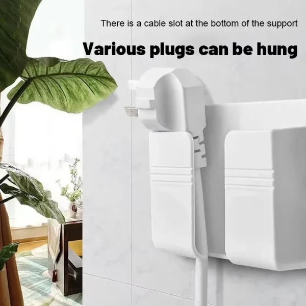1Pc White Punch Free Wall Mount Phone Plug Holder Mobile Phone Charging Stand Air Conditioner TV Remote Control Storage Box 4