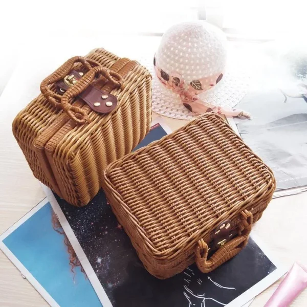 Rattan-like Finishing Box Woven Rattan Basket Retro Storage Box Decorative Props Suitcase with Hand Gift Box 5