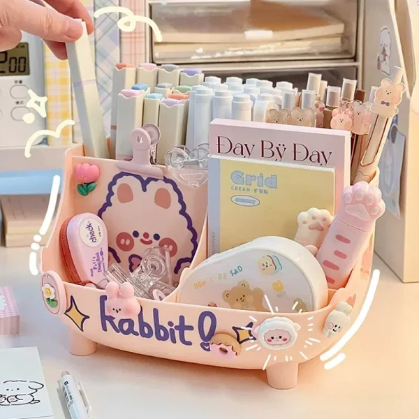 Japanese-style Desktop Pen Holder Cute Multi-functional Large-capacity Partition Drawer Desktop Stationery Organizer Storage Box 2