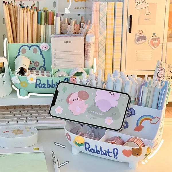Japanese-style Desktop Pen Holder Cute Multi-functional Large-capacity Partition Drawer Desktop Stationery Organizer Storage Box 5