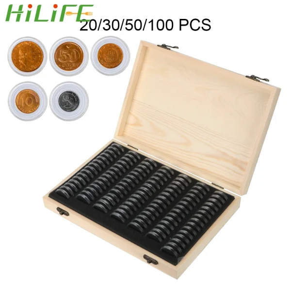 HILIFE Coin Storage Box With Adjustment Pad 20/30/50/100PCS Adjustable Wooden Commemorative Coin Collection Case Holder Capsules 1