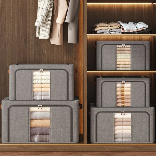 1Pc Large capacity 100L clothes basket Steel frame foldable clothes storage box Cotton quilt hat scarf  Wardrobe organizer 4