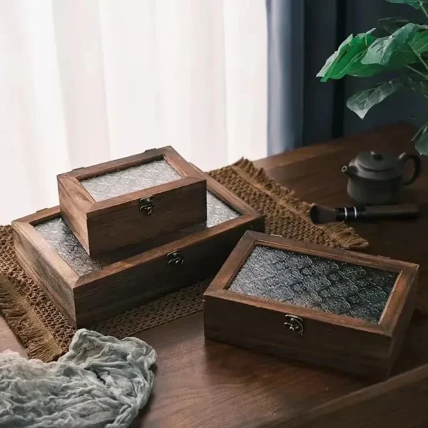 Rectangular Wooden Storage Box Nordic Retro Solid Wood Begonia Flower Glass Desktop Storage Decorative Box Hinged Storage Boxes 1
