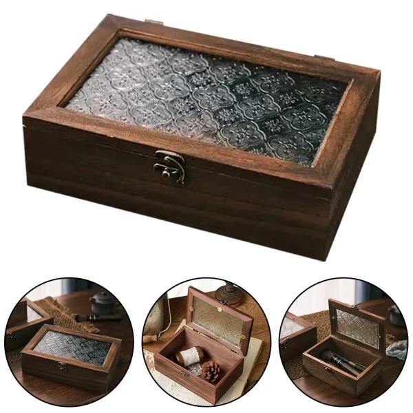 Rectangular Wooden Storage Box Nordic Retro Solid Wood Begonia Flower Glass Desktop Storage Decorative Box Hinged Storage Boxes 2