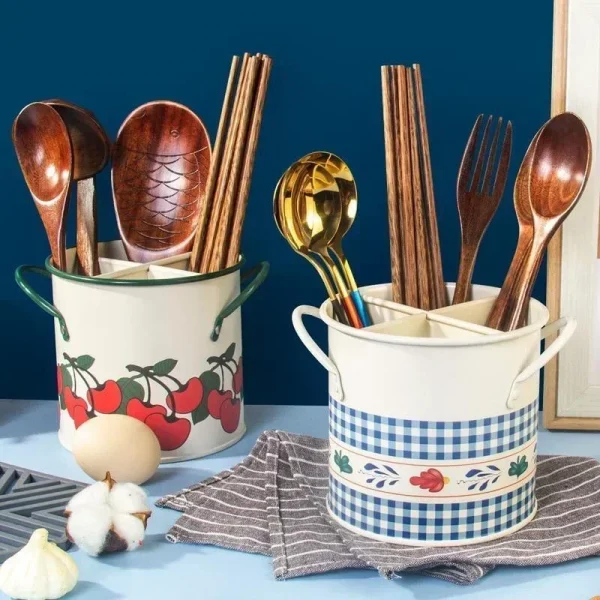 Retro Tableware Storage Bucket Draining Rack with Divider Kitchen Knife and Fork Storage Box Home Decoration for Kitchen Tools 1