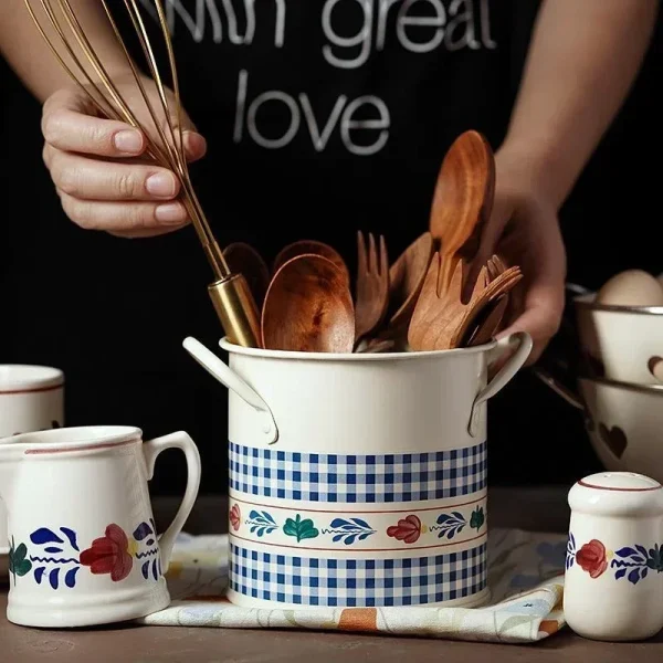Retro Tableware Storage Bucket Draining Rack with Divider Kitchen Knife and Fork Storage Box Home Decoration for Kitchen Tools 4