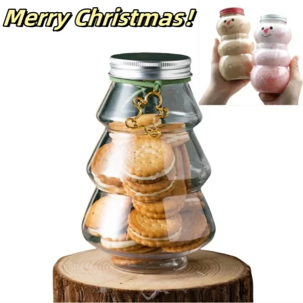 500ml Christmas Candy Biscuits Bottle Snowman&Tree Shape Drink Bottles Juice Milk Tea Jar Food Storage Container Party Favors 2